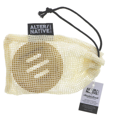 Bamboo Round Soap Dish & Cotton Soap Bag