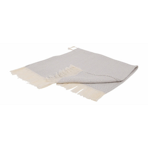 Image of a cotton kitchen towel with a grey herringbone style pattern and tassels.
