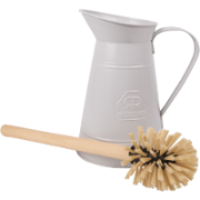 White metal toilet brush pitcher with a wooden brush on a white background
