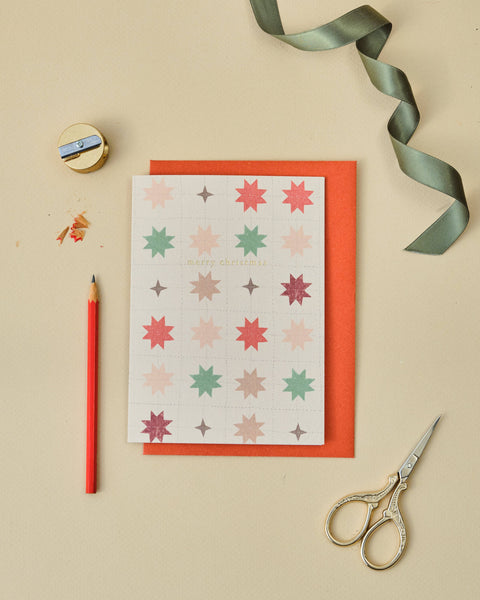 Merry Christmas Patchwork Quilted Stars Greetings Card