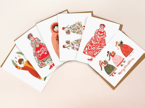 Folk Ladies Christmas Card Pack x 6
