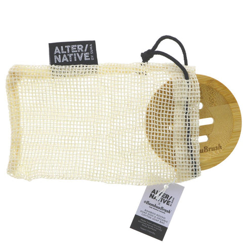 Bamboo Round Soap Dish & Cotton Soap Bag