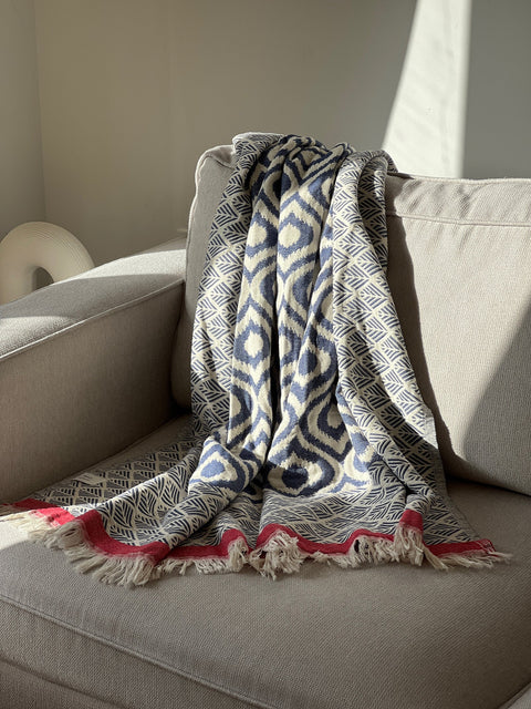 Cotton Throw Blanket | Navy & Red