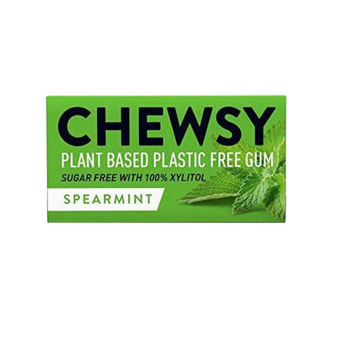 Chewsy plant-based plastic-free gum packaging with spearmint flavor on a white background