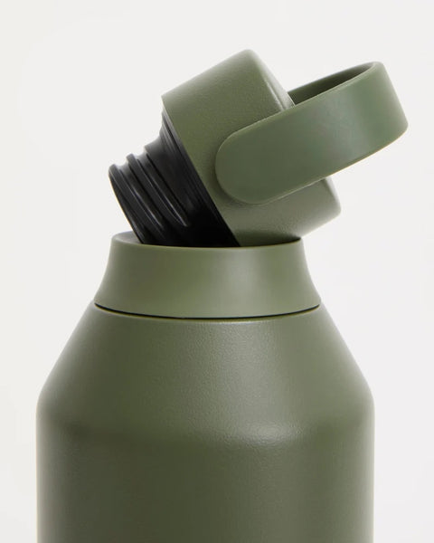 An olive green reusable stainless steel insulated water bottle with a matching lid from Chilly's, shown close-up against a clean white background.